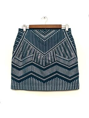 Express Embellished Mini Skirt Beads Sequins Teal Blue Stretchy Women’s S  NWOT